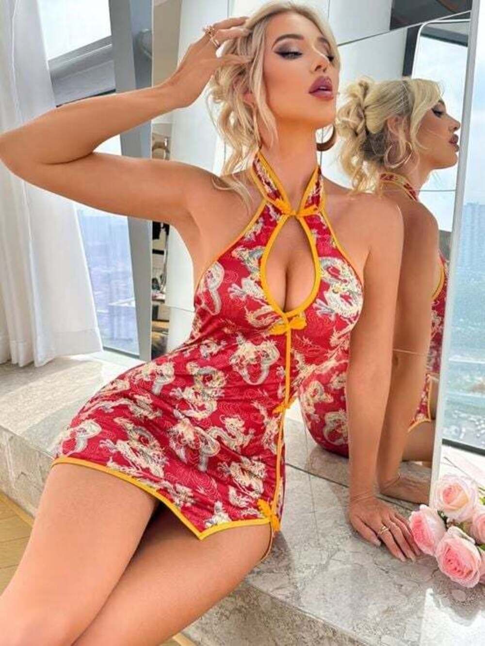 Sexy Chinese Dress Halter Mini Dress with Yellow Trim - Red White Dragon Medium